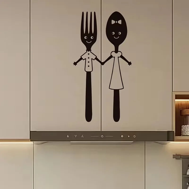 Cartoon Fork & Spoon Holding Hands Wall Decal - Self-Adhesive Removable PVC Sticker, Matte Finish Playful Kitchen Decor for Livi