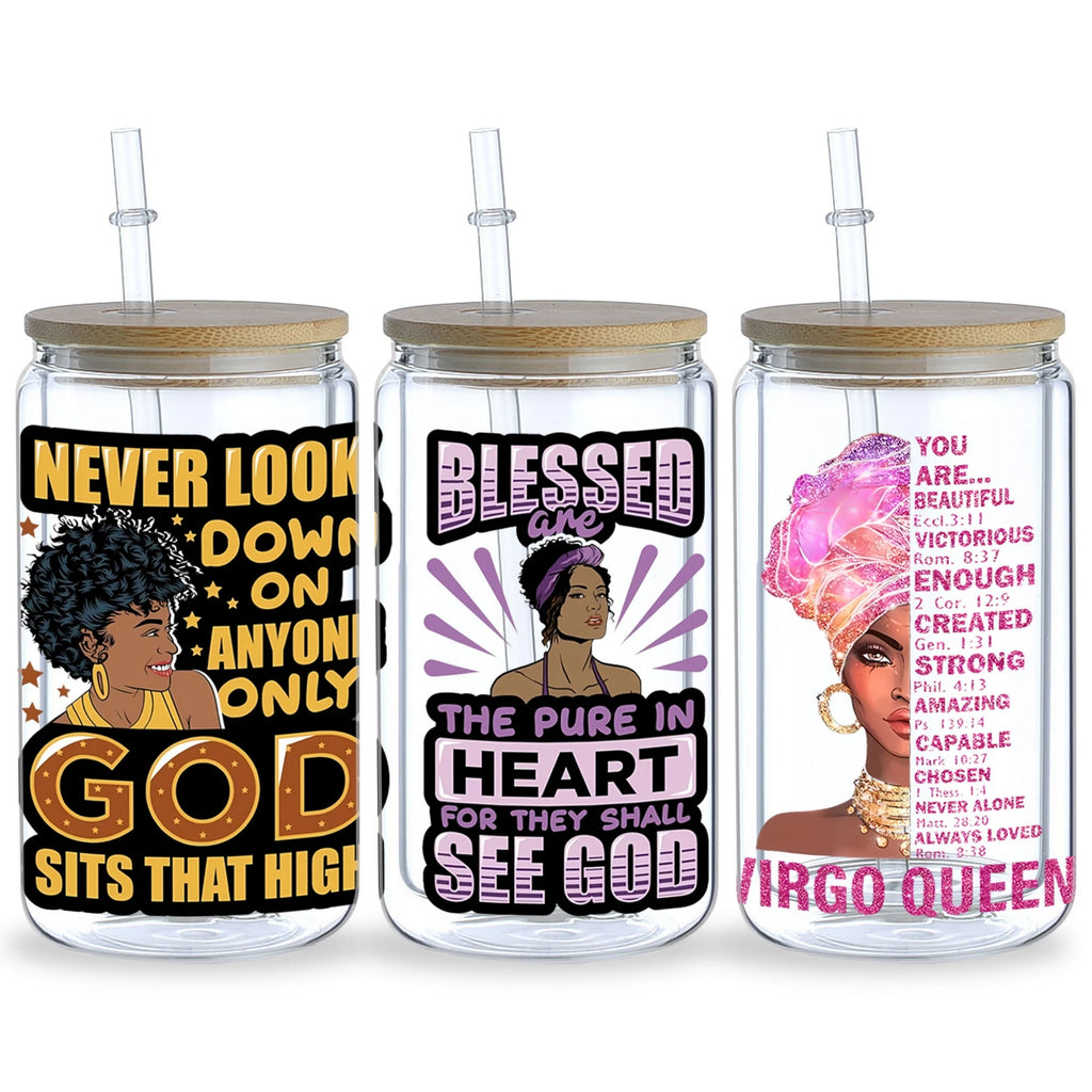 5 Sheets Black Girl UV DTF Glass Cup Wrap Transfer Stickers, DTF Transfer Stickers, Waterproof Wipe Off Transfer Stickers