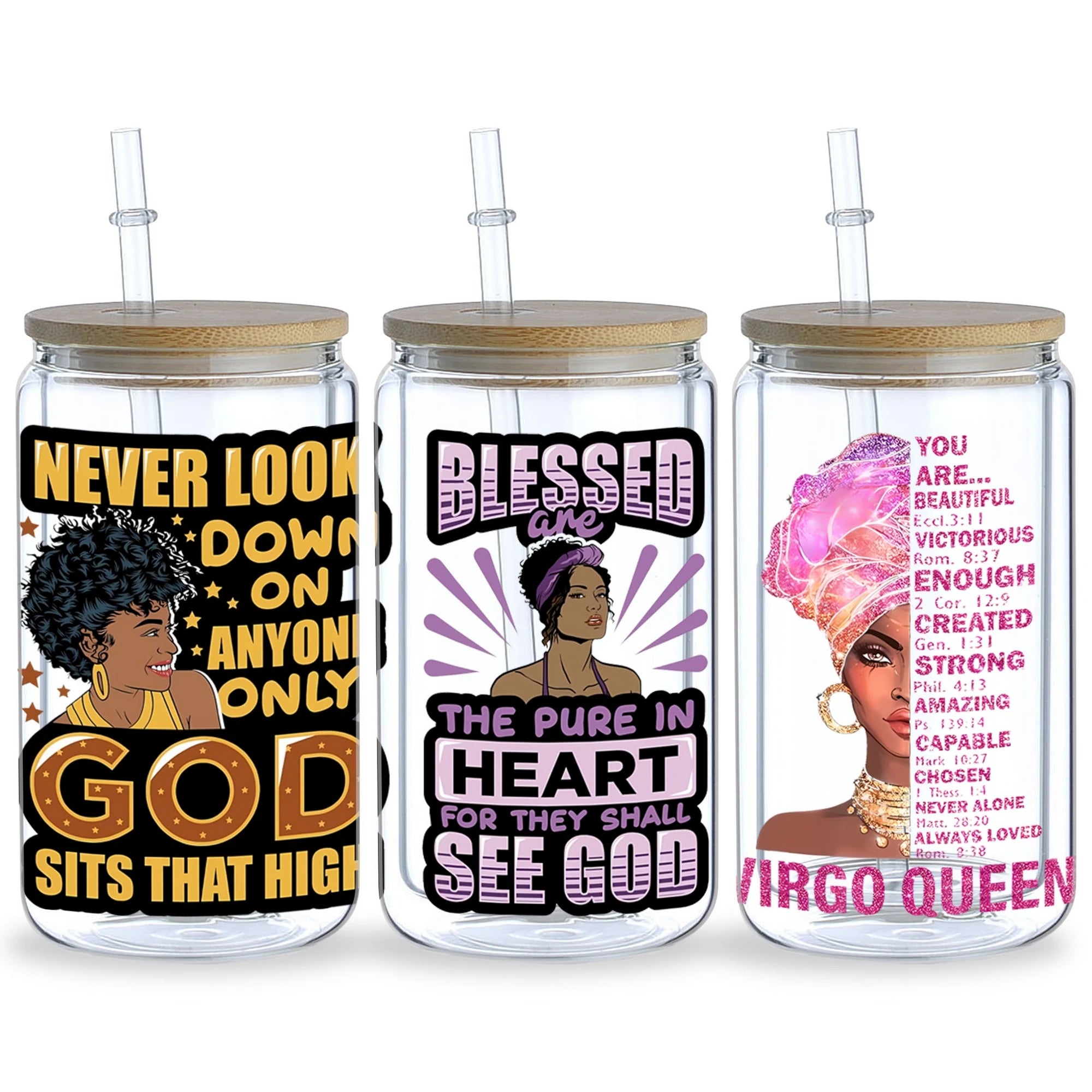 5 Sheets Black Girl UV DTF Glass Cup Wrap Transfer Stickers, DTF Transfer Stickers, Waterproof Wipe Off Transfer Stickers