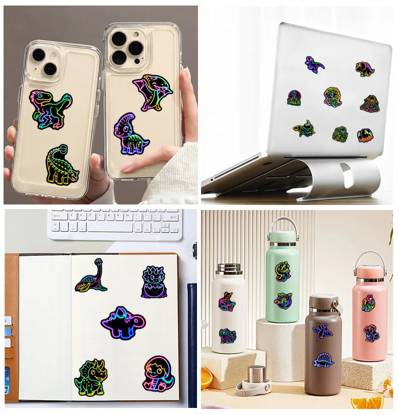 50-Pack Q-Style Neon Dinosaur Graffiti Stickers Waterproof Decorative Decals for Phone Tablet Notebook Student Stationery