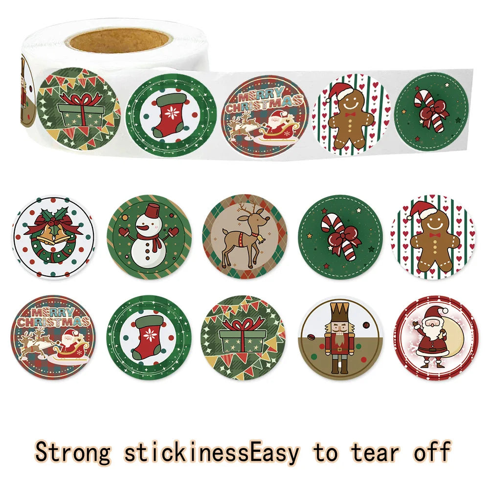 500PCS Christmas Circular Cartoon Reward Roll Stickers DIY Phone Cases Water Bottles Envelopes Notes Reward Gifts Stamps Sticker