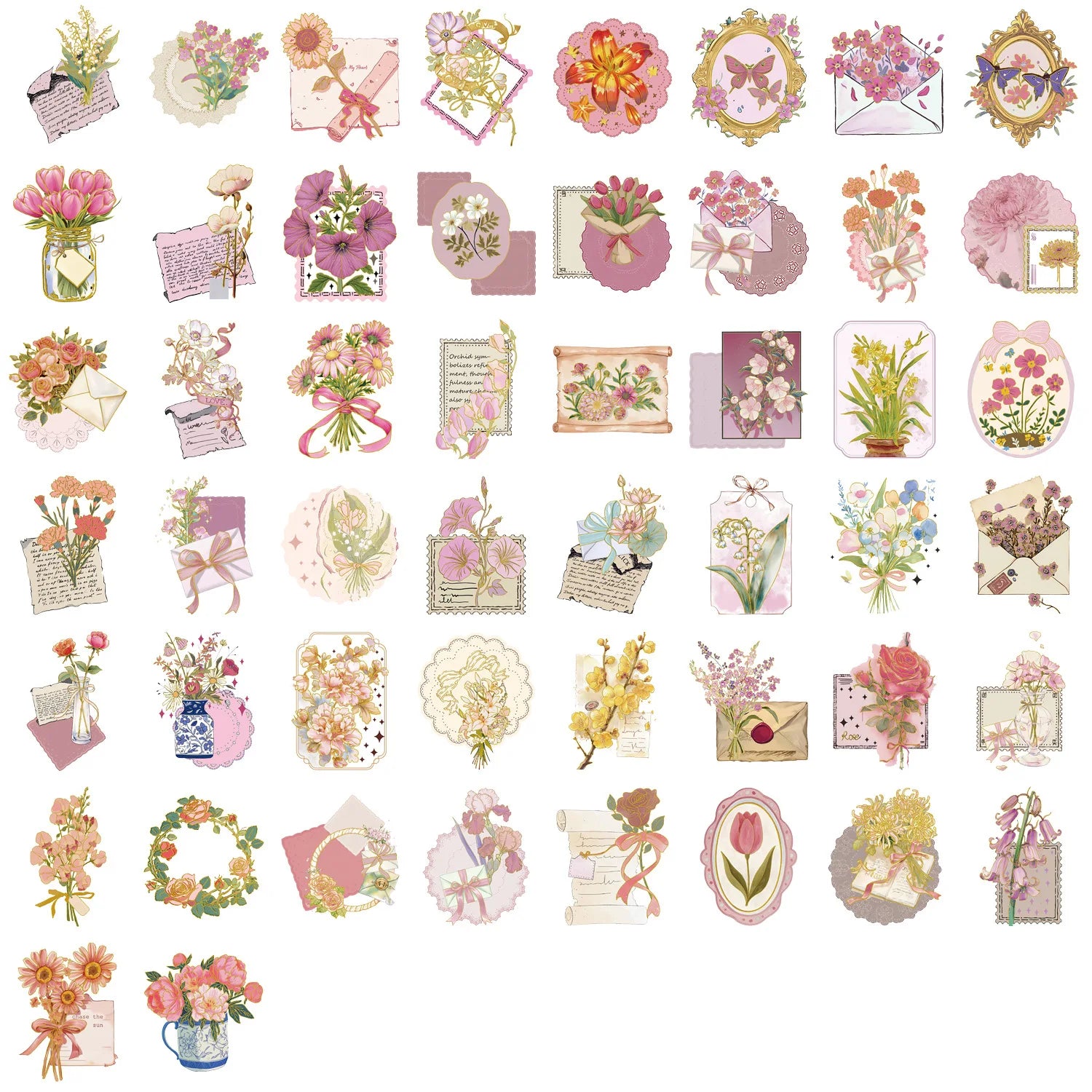 50/100PCS Cartoon Flower Heart Language Sticker Pack Waterproof Transparent PET Decorative Guitar Notebook Hot Stamping