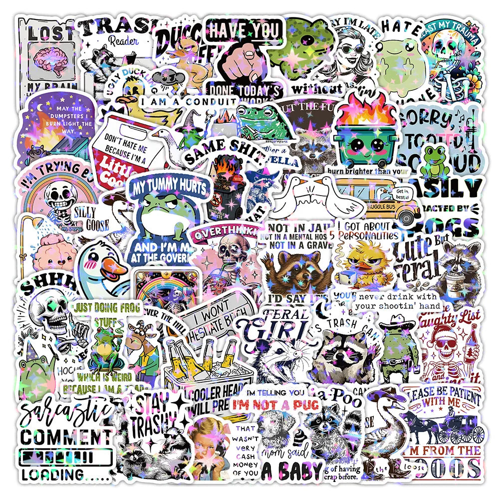 50/100PCS Holographic Funny Animal Quote Stickers, Student Stationery Notebook English Sarcasm Doodle Waterproof Decor Stickers