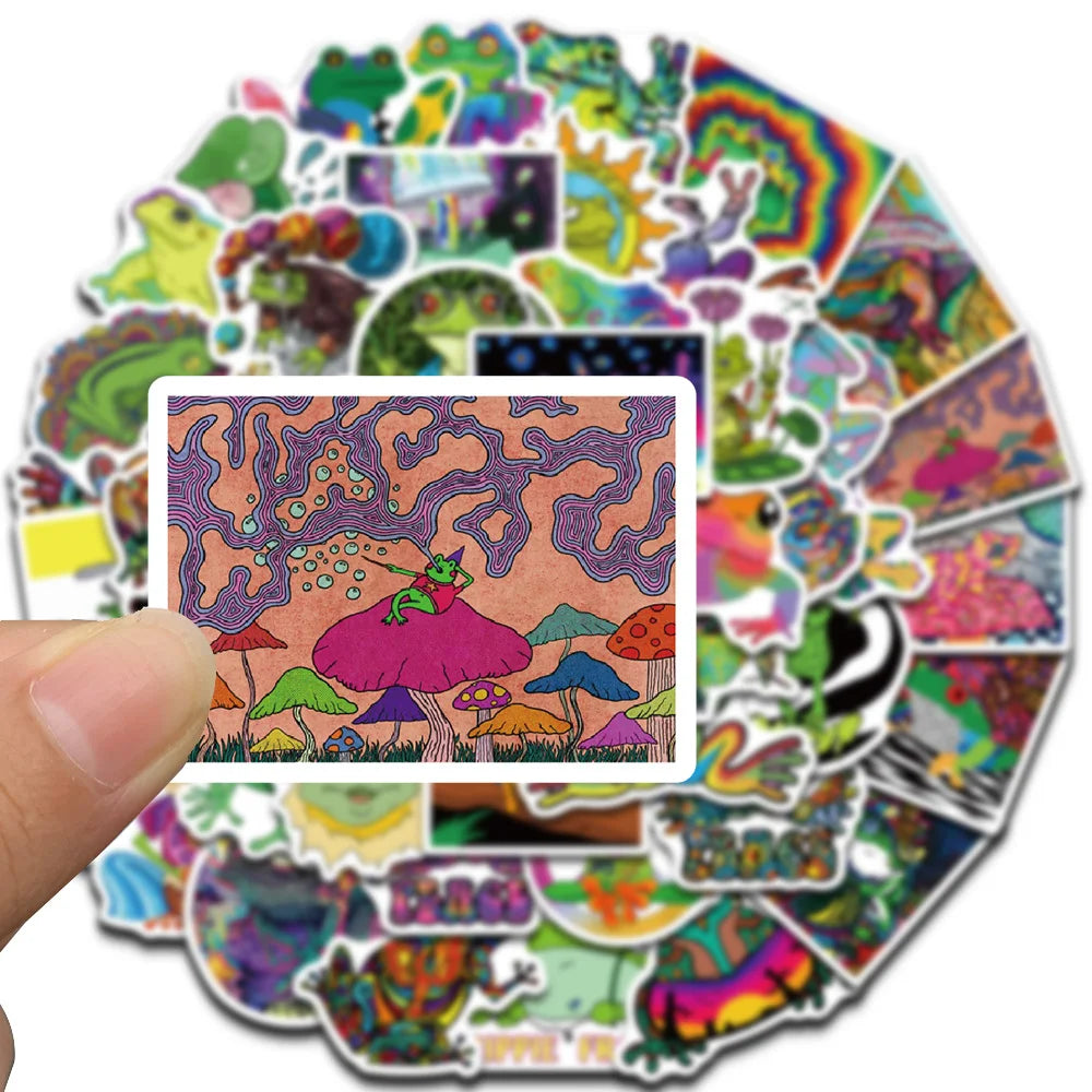 50PCS Psychedelic Frog Stickers Cute Nostalgia Golden Laptop Luggage Home Decoration Harvest Graffiti Diary Packaging Decals