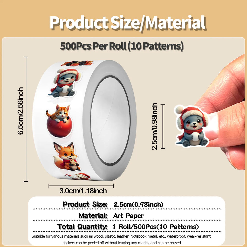 1Roll(500Pcs)10 Irregular Loveable Christmas Animals Stickers 2.5cm/1'' DlY Craft Decor Festival Sealing Scrapbook Labels