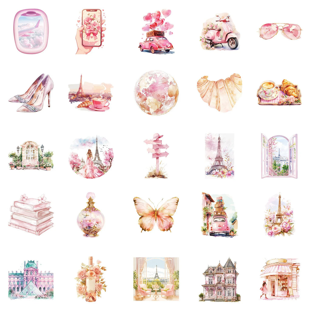 50/100PCS Pink Retro Paris Items Waterproof Stickers DIY Mobile Skateboarding Creative Stationery Stickers