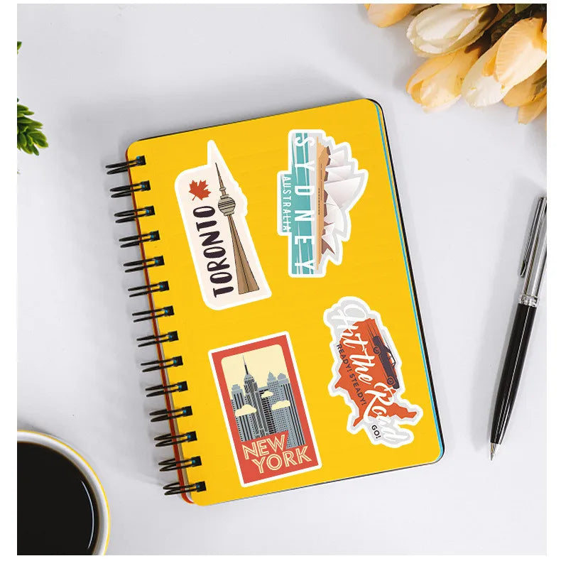100Pcs World Famous Travel Landmark Doodle Stickers, Stationery Notebook Phone Guitar Fridge Luggage Waterproof Decals Stickers