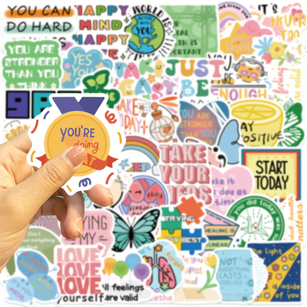 50PCS Cartoon Mental Health Graffiti Stickers Decorative Guitar Notebook Luggage DIY Waterproof Pen Holder Stationery Stickers