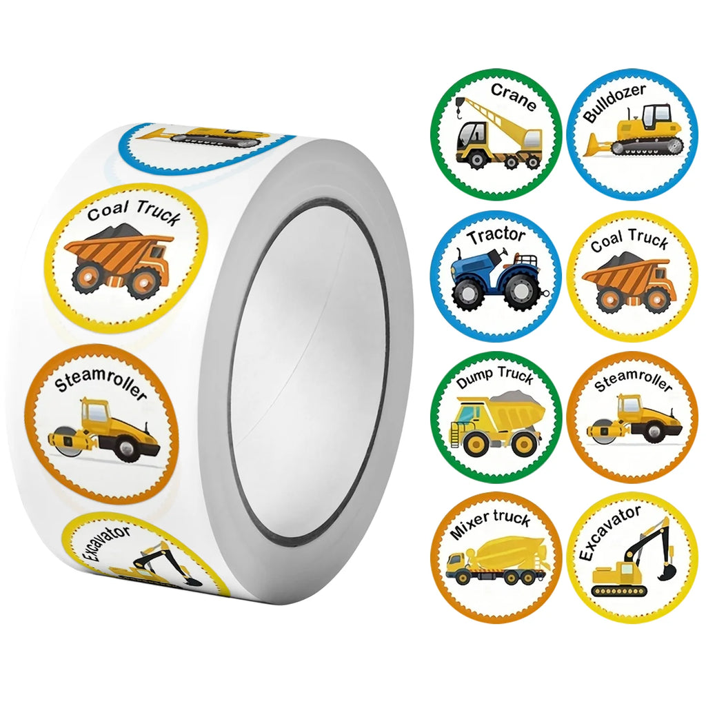 1Roll(500Pcs) Various Cartoon Engineering vehicle Stickers 1 Designs Decals Teacher Reward Labels School Supplies Gift Package