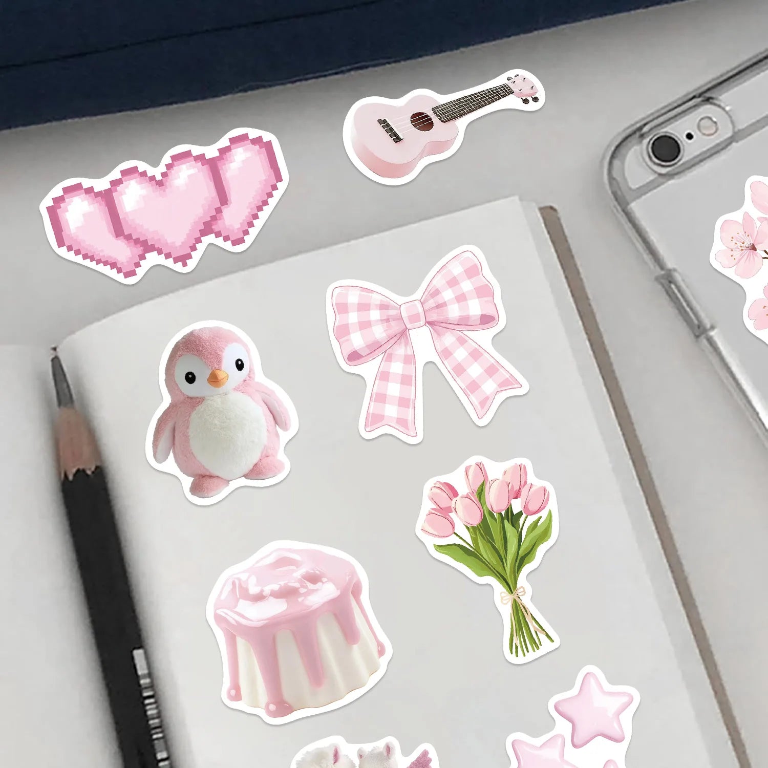 50PCS Cartoon Pink Gentle Aesthetic Stickers Decorative Guitar Notebook Luggage DIY Waterproof Stationery Stickers