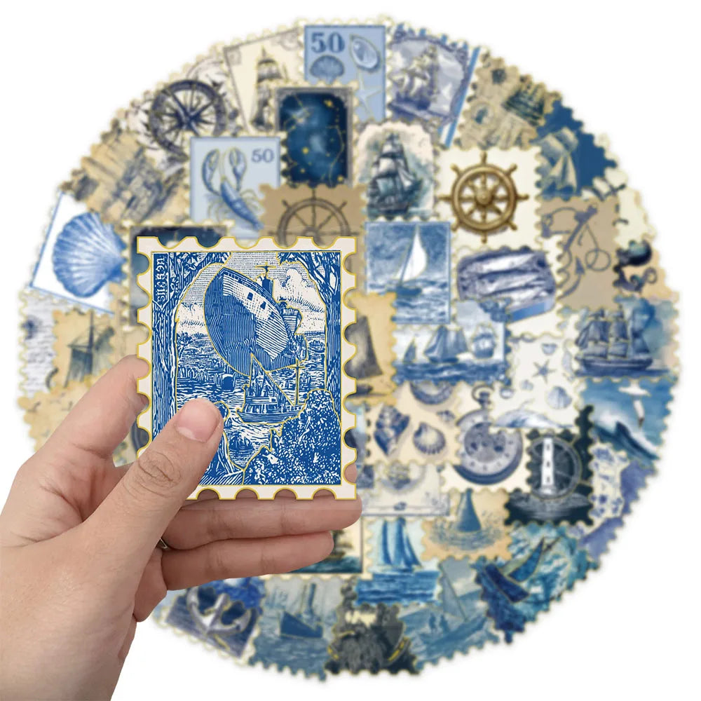 50PCS Composite Marine Blue Stamp Decoration Stickers Computer Scrapbook Refrigerator Phone Case Decoration Hot Stamping Sticker