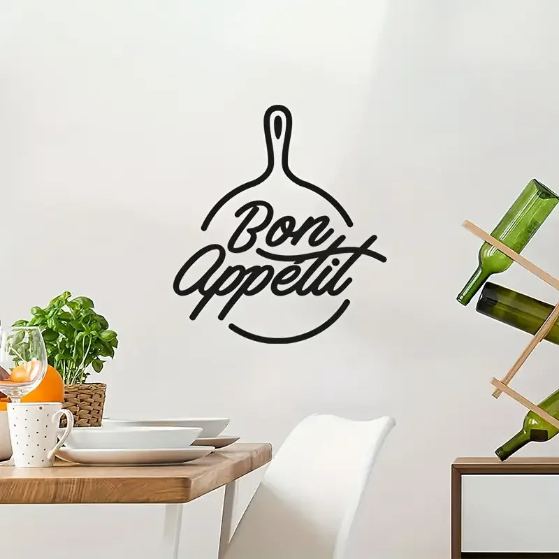 Bon Appétit" Elegant Black Vinyl Wall Decal - Removable, Self-Adhesive Kitchen Quote Art Sticker with Chef'S Hat & Whisk Design,
