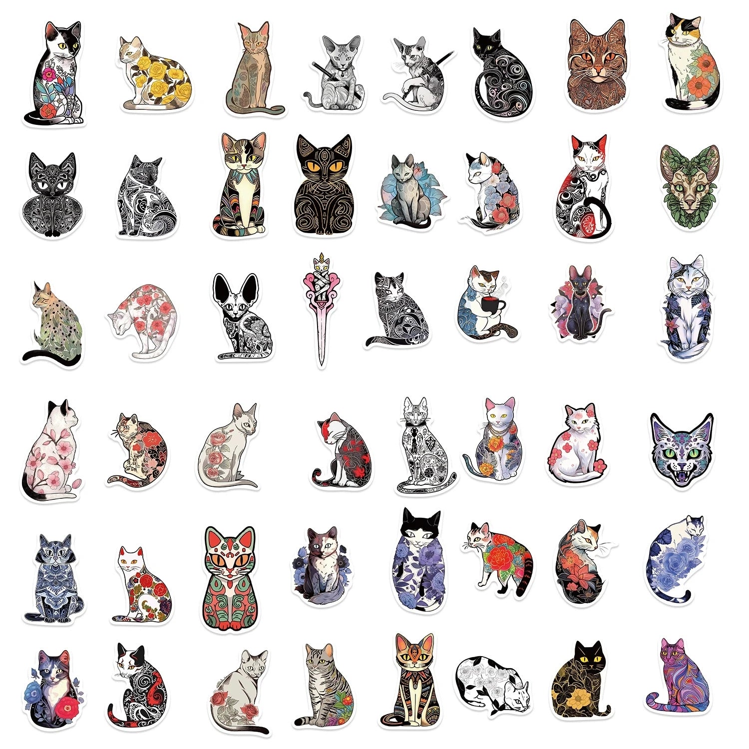 50/100PCS Cartoon Tattoo Cat Graffiti Stickers Guitar Notebook Luggage DIY Waterproof Stationery Stickers