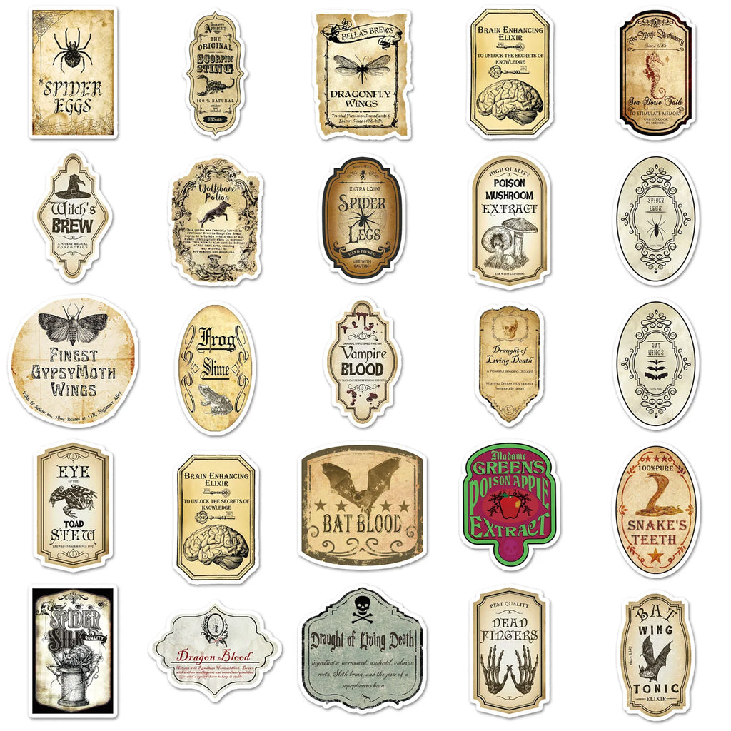 100Pcs Pack Magic Potion Label Graffiti Sticker Personality Retro Decal Decor Stationery Notebook Skateboard Luggage Sticker