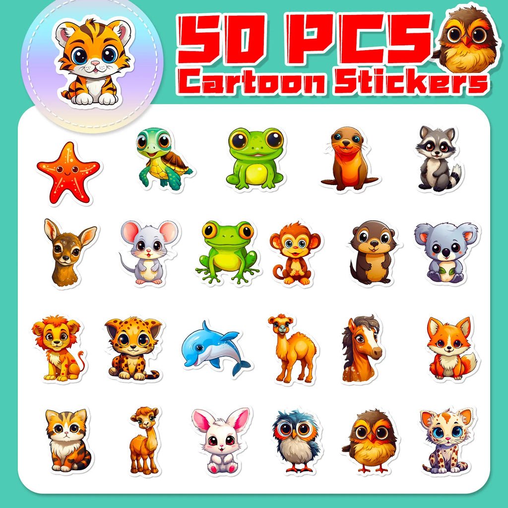 50pcs large eyed animal stickers new cartoon cute natural small animal graffiti stickers children's toys