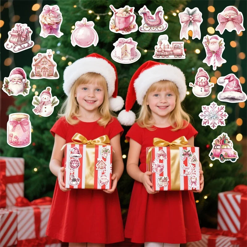 10/30/50PCS Cute Pink Christmas PVC Sticky Sticker Aesthetic DIY Decoration Scrapbooking Children's School Supplies