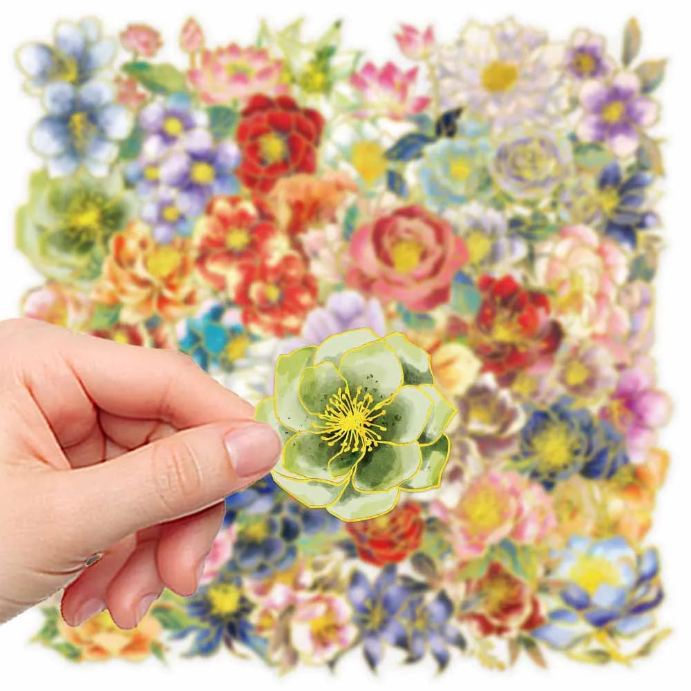 50-Pack Elegant Floral Gold-Stamped Decals for Notebooks Phones Water Cups DIY Decoration - Premium Quality Stickers