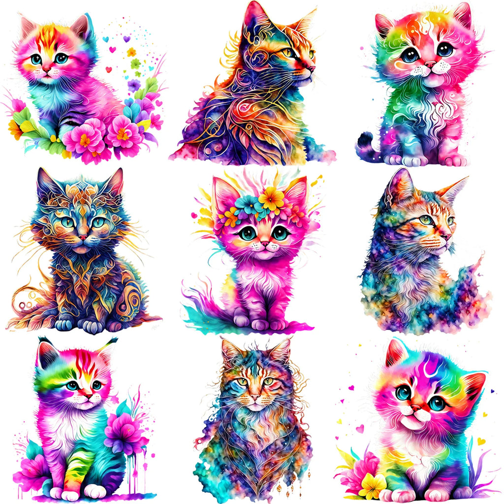 9 Pack Watercolor Cute Floral Cat Theme Pattern Iron-On Transfer Sticker Design Floral Cat Decal Heat Press Decal