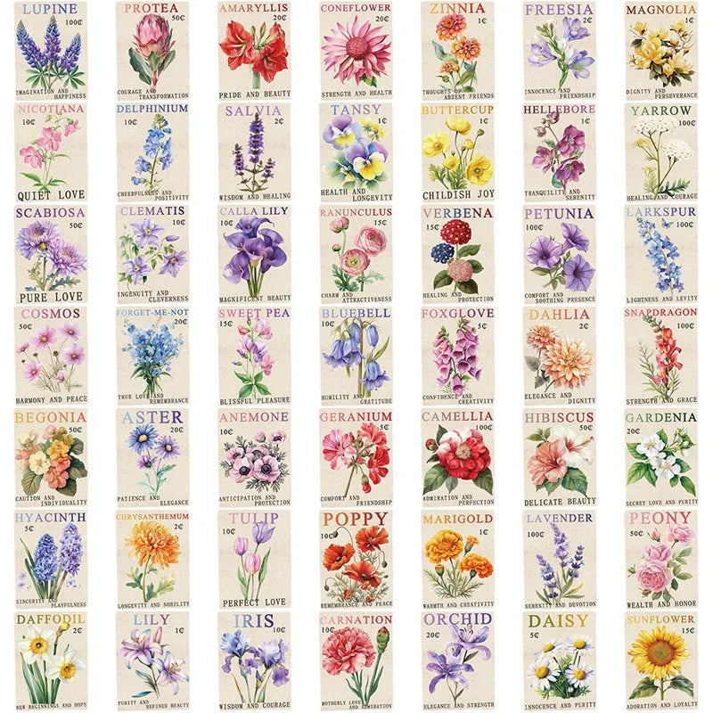 10/30/50PCS Vintage Stamp Flower PVC Sticky Sticker Aesthetic DIY Decoration Scrapbooking School Supplies for Kids