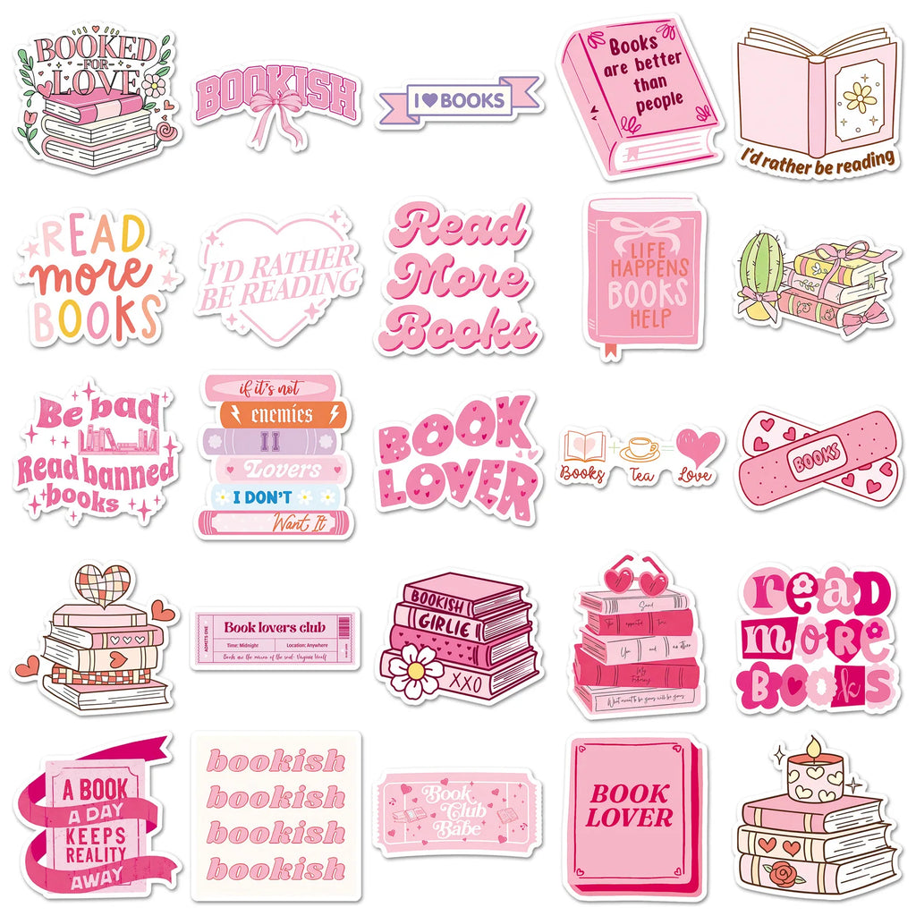 50-Pack Pink Bookish Romantic Graffiti Decal Stickers for Phone Laptop Guitar Helmet Skateboard Luggage Notebook