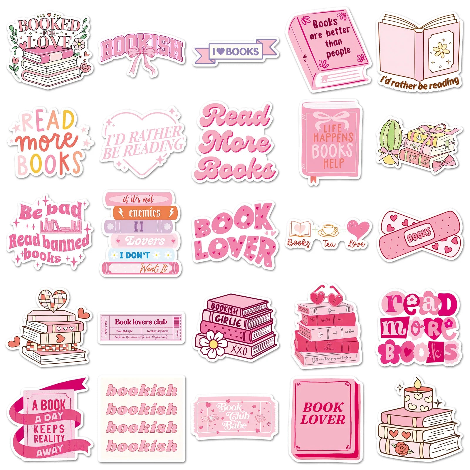 50-Pack Pink Bookish Romantic Graffiti Decal Stickers for Phone Laptop Guitar Helmet Skateboard Luggage Notebook