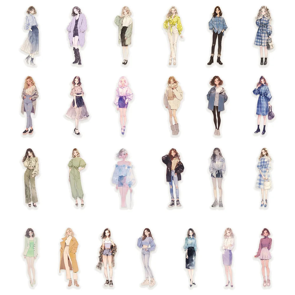50Pcs Cartoon High Street Girl Wearing PET Material Transparent Stickers Water Cup Phone Case Guitar Fashion Decorative Stic