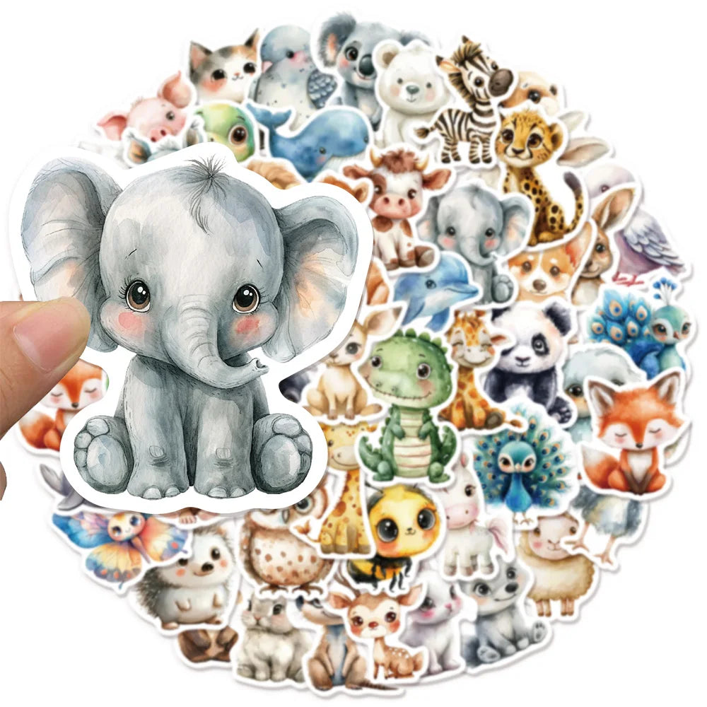 50PCS Cute Watercolor Diverse Animal Graffiti Stickers Cartoon DIY Skateboard Mobile Laptop Decoration Reward Stickers Toy