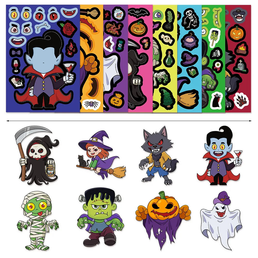 8PCS Halloween Face Changing Fun Ghost Graffiti Sticker Toys DIY Manual Luggage Motorcycle Laptop Luggage Stickers