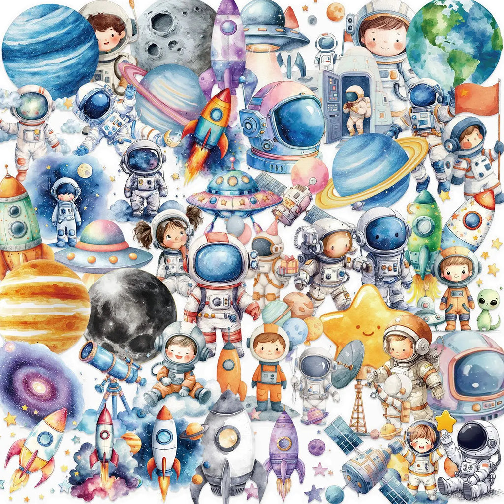 50Pcs Pack Clear Cartoon Astronaut Sticker Pack, Waterproof Transparent PET Kids Decals for Stationery Guitar Notebook Decor