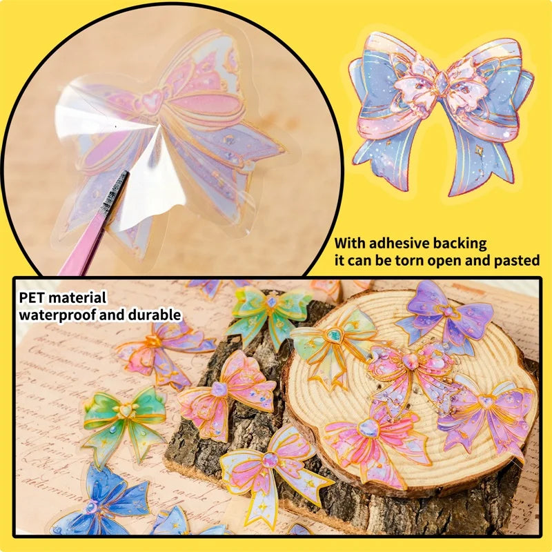 56PCS Kawaii Dreamy Bow PET Sticky Sticker Aesthetic Tear Open DIY Decoration Scrapbooking Sketchbook Supplies for Kids
