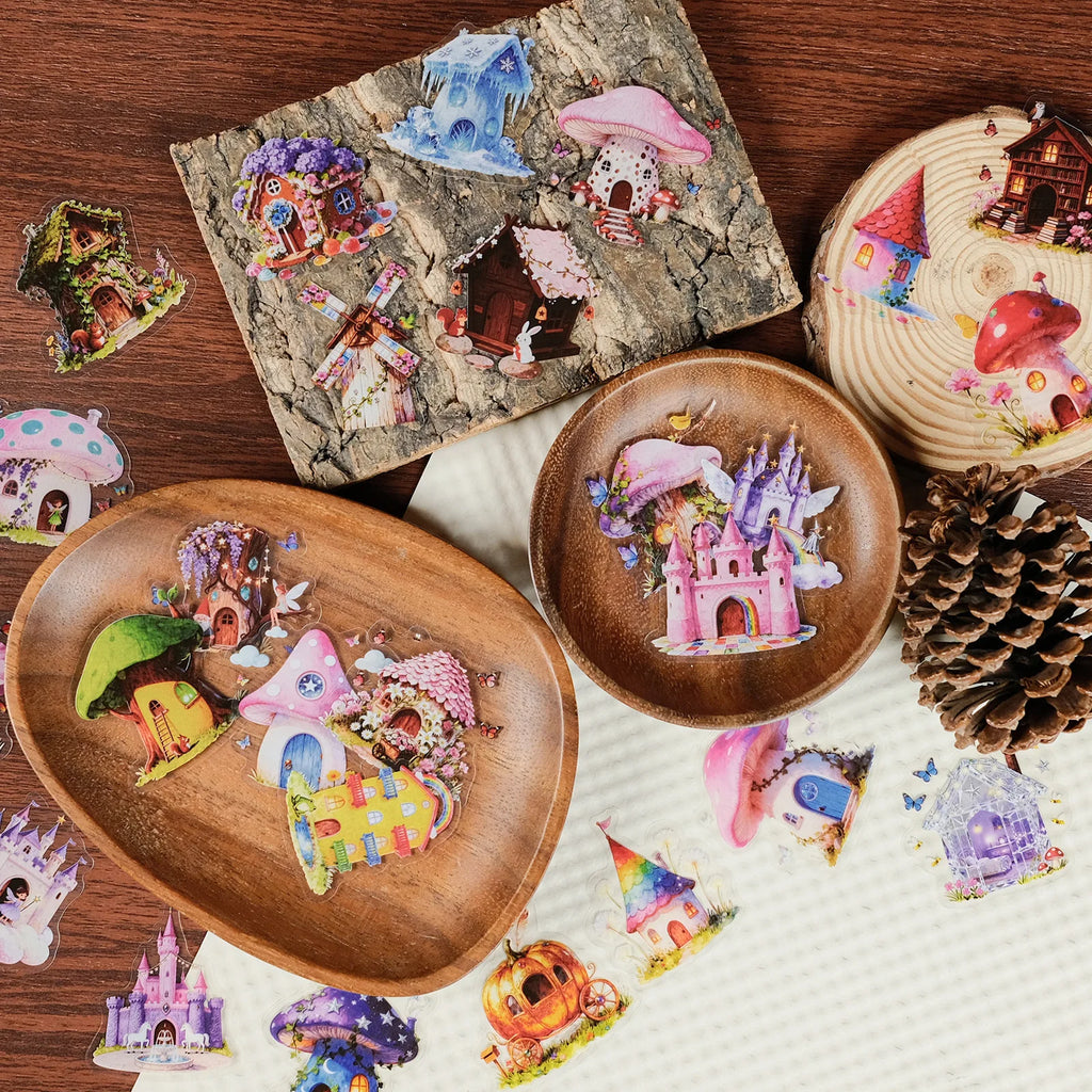 56/112Pcs Fairytale Colorful Mushroom House Castle Stickers, Clear PET Decals for Stationery Notebook Fridge Luggage Guitar