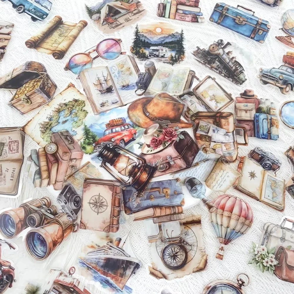 50pcs Vintage Travel Transparent PET Stickers Decals For Phone Laptop Notebook Suitcase Guitar DIY Cartoon Aesthetic Stickers