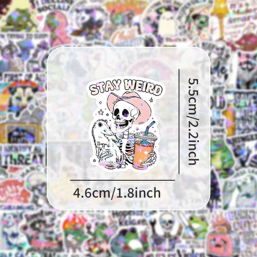 50/100 Pcs HD Holographic Fun Text & Animal Stickers Fade Resistant Removable No Trace for Stationery Box Phone Laptop Bicycle