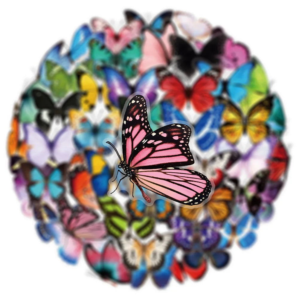 50PCS Cartoon Colorful Butterfly Stickers Pack Waterproof Transparent PET Decorative Guitar Notebook Stickers