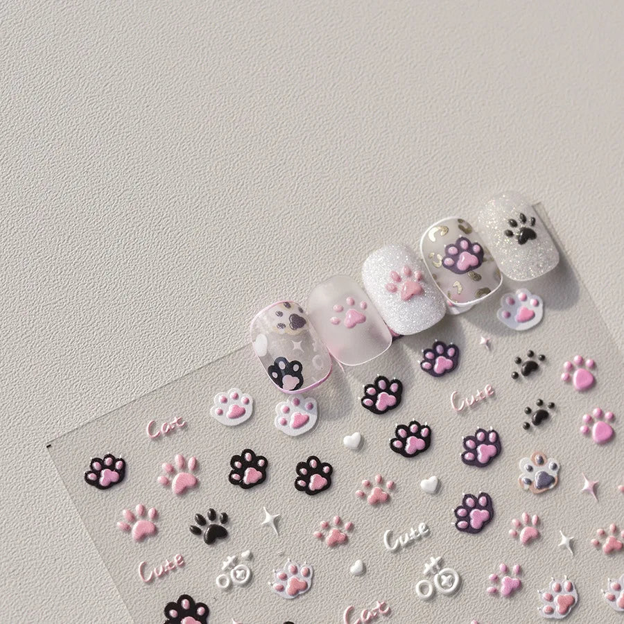 Nail Stickers Cat Cute Jelly Pink Cat Paw Cartoon 5D Embossed Relief Self Adhesive Nail Art Sticker 3D Manicure Decals DIY Parts