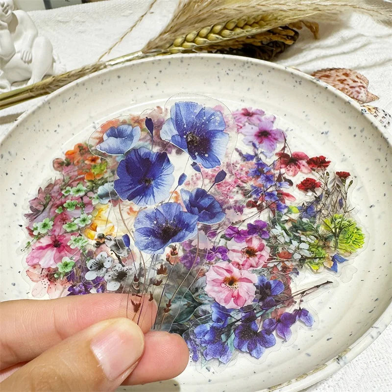 50PCS Colorful Flower PET Sticky Sticker Aesthetic Korean Stationery DIY Transparent Decoration Scrapbooking School Supplies