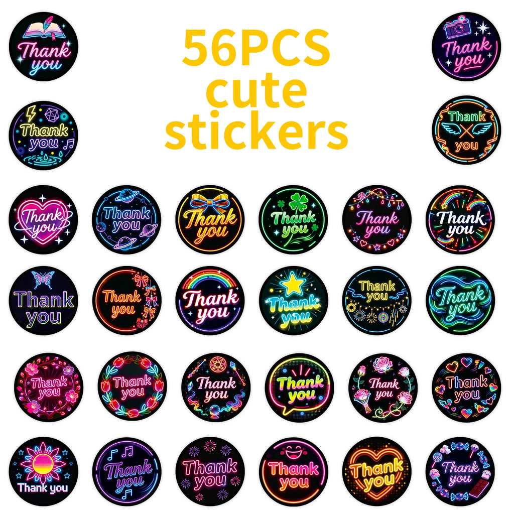 50/100PCS Colorful Neon Thank You Stickers English Decorative Stickers Waterproof Laptop Stationery Reward Stickers