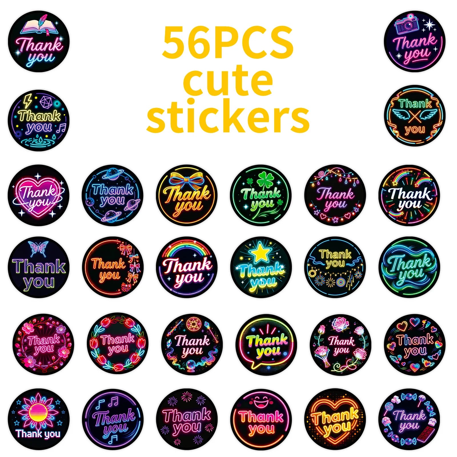 50/100PCS Colorful Neon Thank You Stickers English Decorative Stickers Waterproof Laptop Stationery Reward Stickers