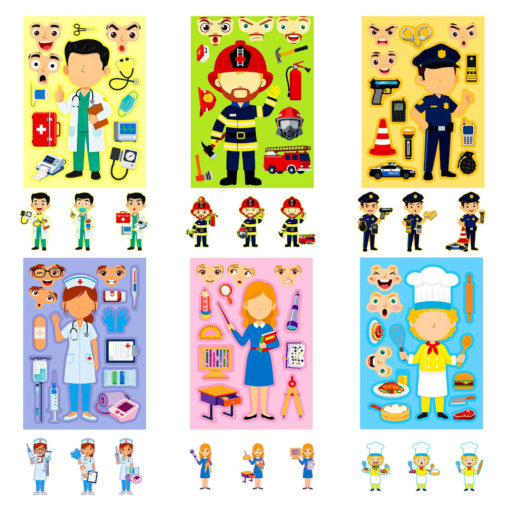 6/12 Pcs Large Different Profession Puzzle Make A Face Stickers Educational DIY for Notebook Stationery Box Desk Drawer Craft