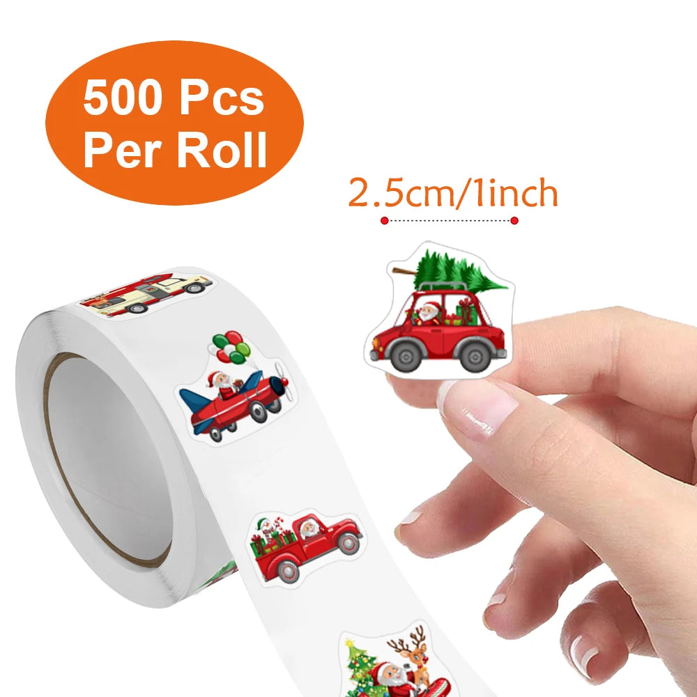 500Pcs/Roll Heterotypic Christmas Themed Santa Claus Transportation Stickers 8 Designs 2.5cm/1.0'' DlY Graffiti Holiday Labels