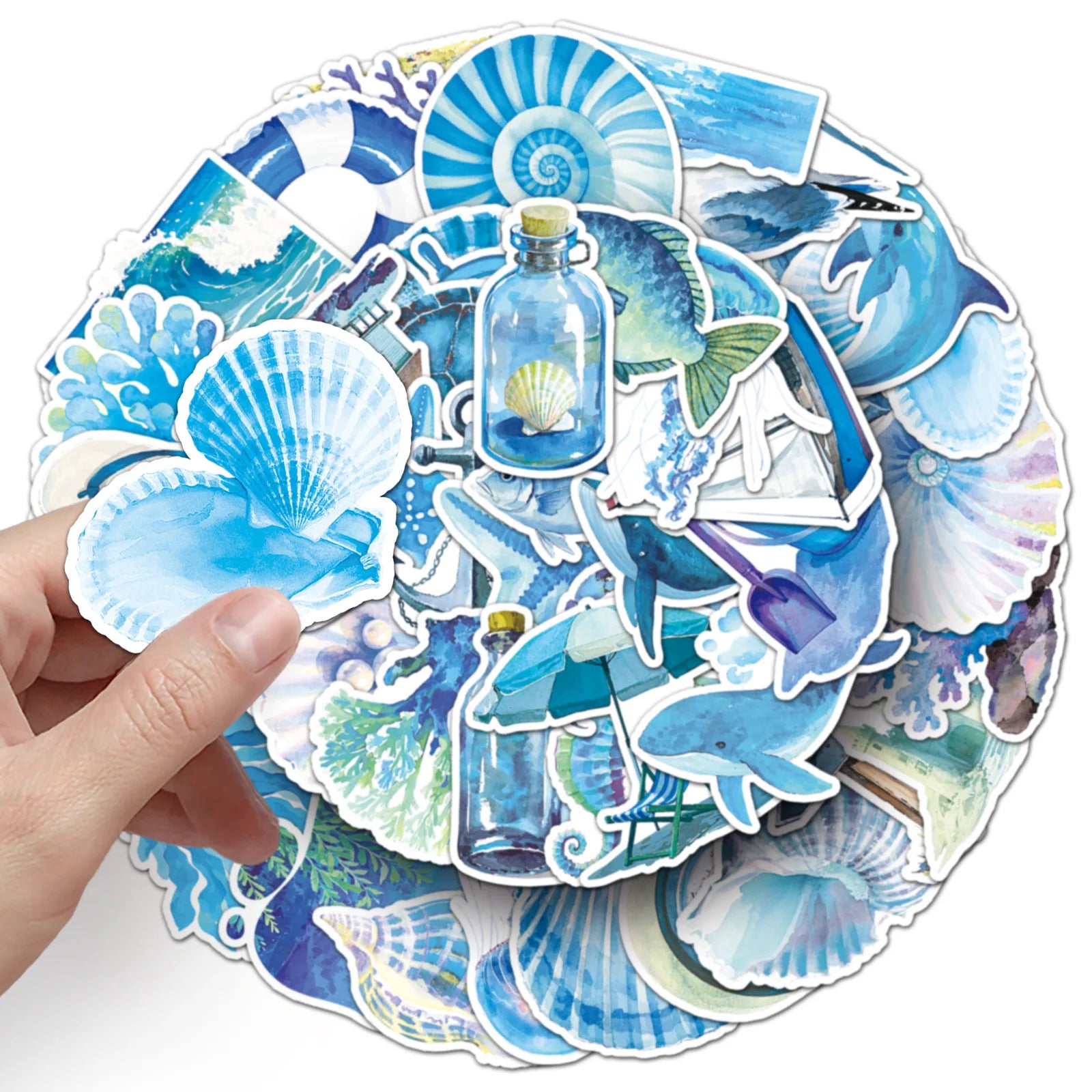 50-Pack Watercolor Blue Ocean Doodle Stickers Cartoon Decor for Phone Tablet Water Cup Guitar Luggage Notebook Fridge