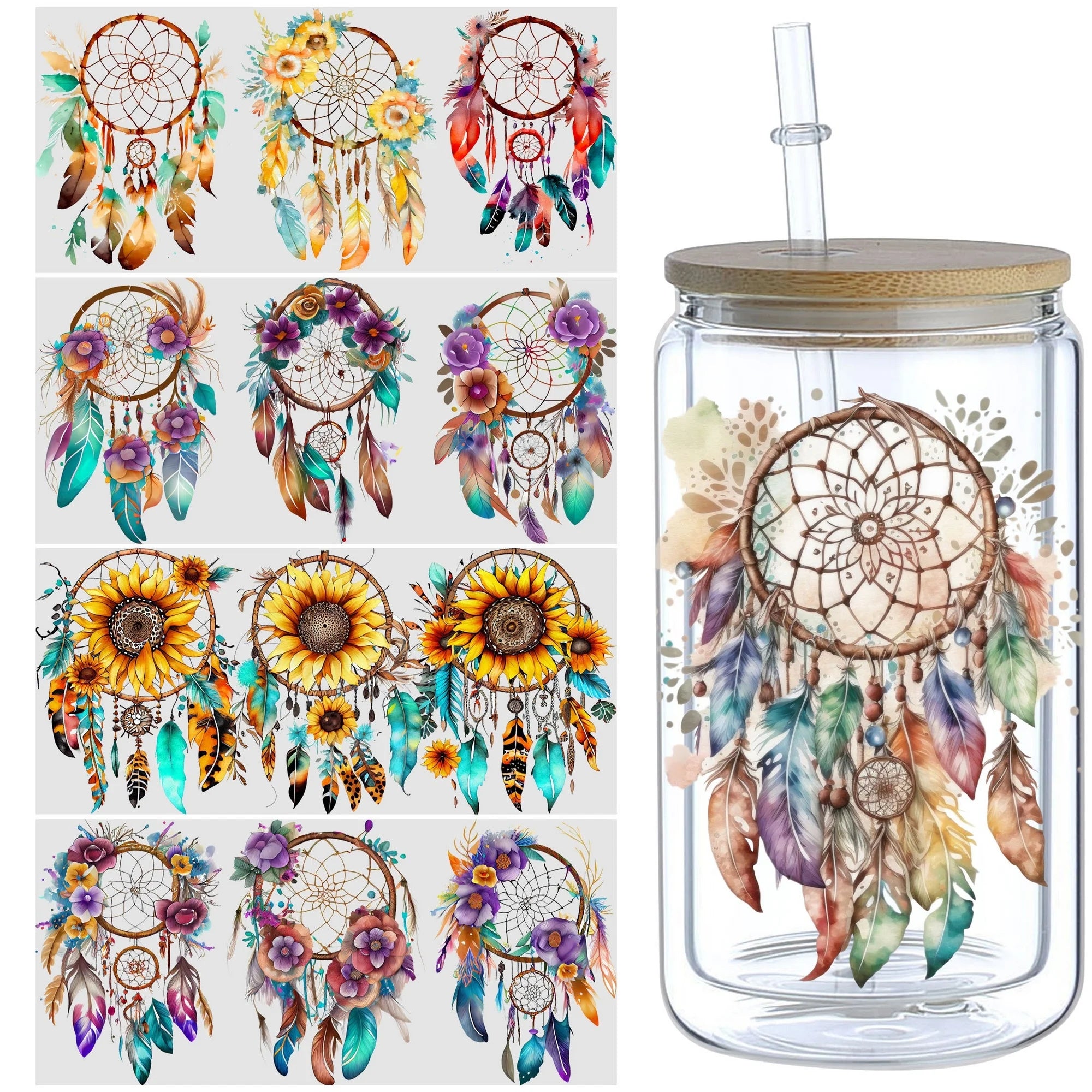 5 Sheets Dream Catcher UV DTF Cup Stickers, DTF Friction Transfer Stickers, Waterproof Transfer Stickers for 16 Ounces Glass Cup