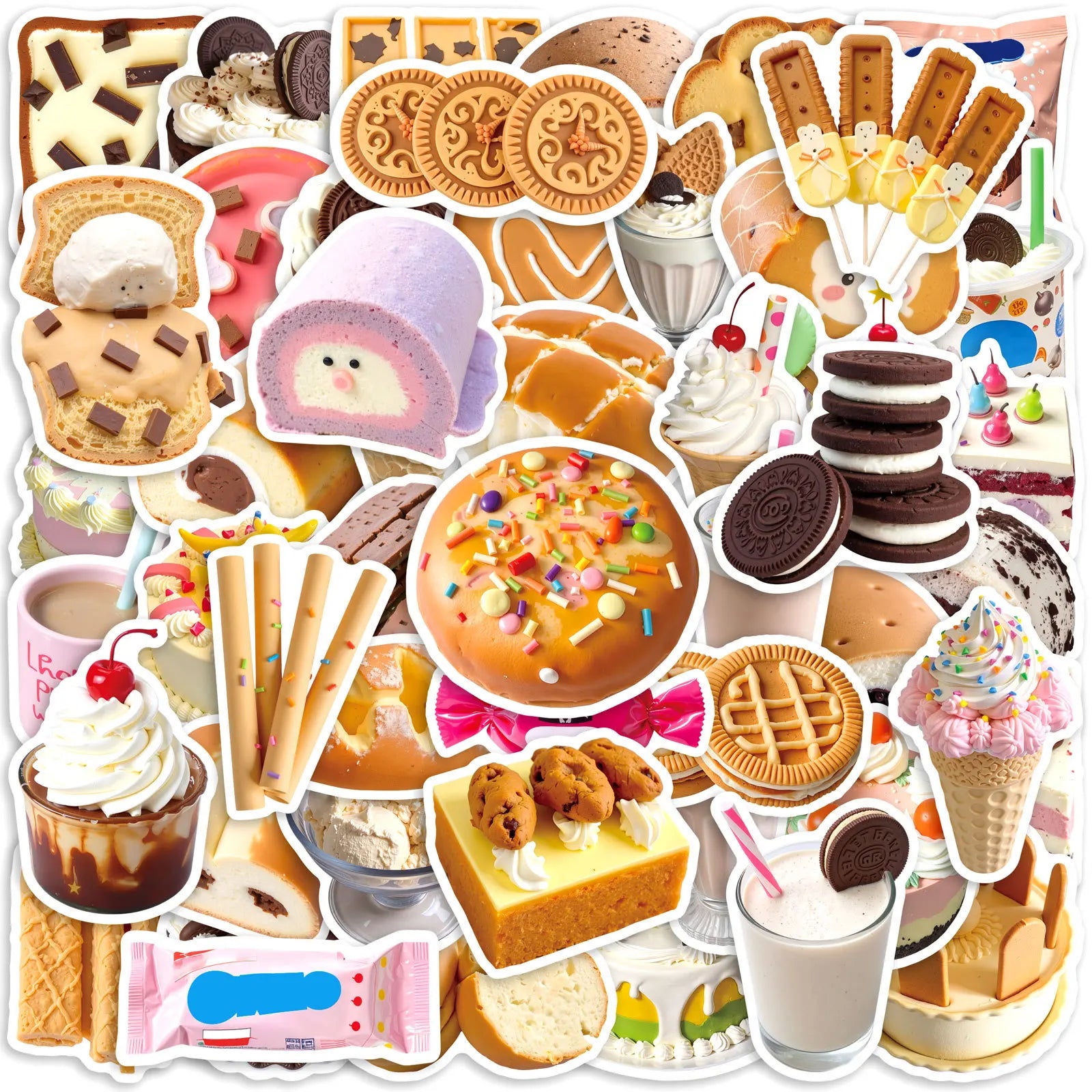 50-Pack Ins Style Food Dessert Waterproof DIY Graffiti Stickers for Desktop Water Cup Notebook Phone Tablet Luggage Decoration