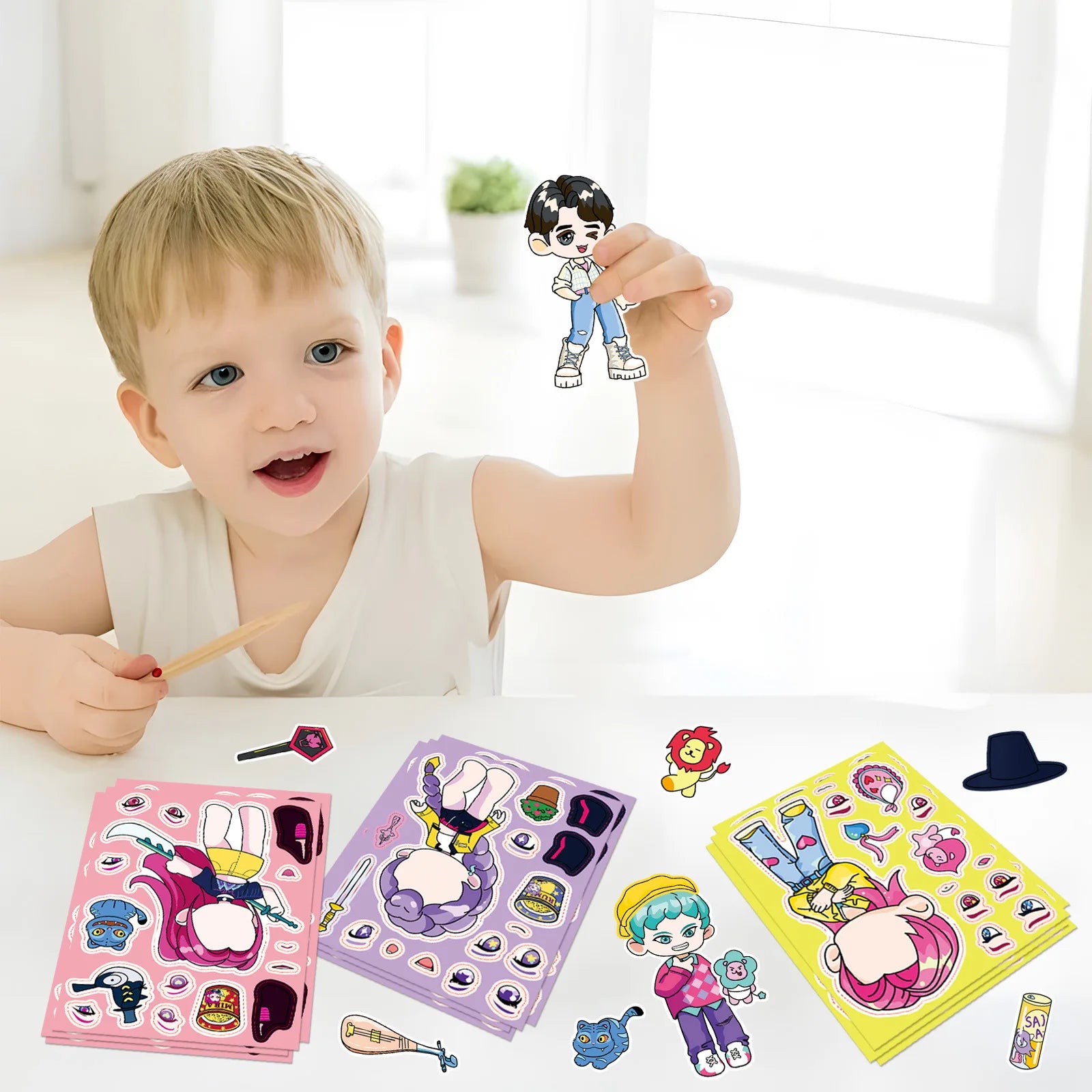 8PCS/PACK Cartoon KPOP Puzzle Stickers, Anime Make a Face Decals for Stationery Notebook Office School Supplies Decor