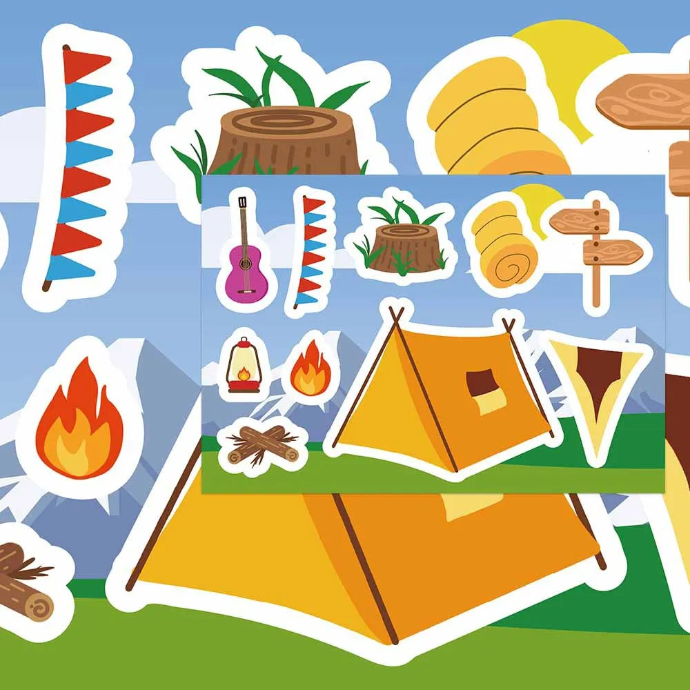 8-Pack Outdoor Camping Themed Cartoon Puzzles Stickers for Phones Laptops Suitcases Stationery Decoration Waterproof Stickers