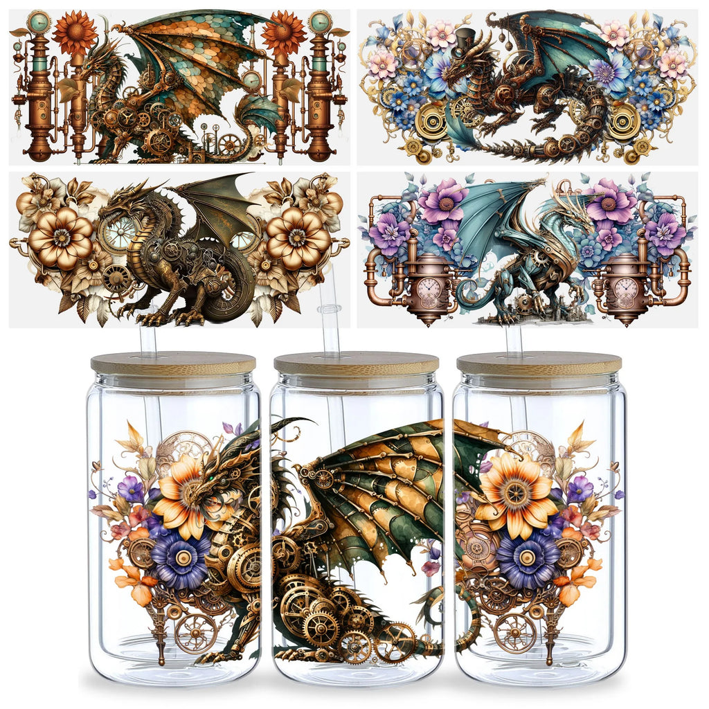 5 sheets Steampunk UV DTF cup stickers, DTF friction transfer stickers, 16oz glass cup waterproof cartoon transfer stickers