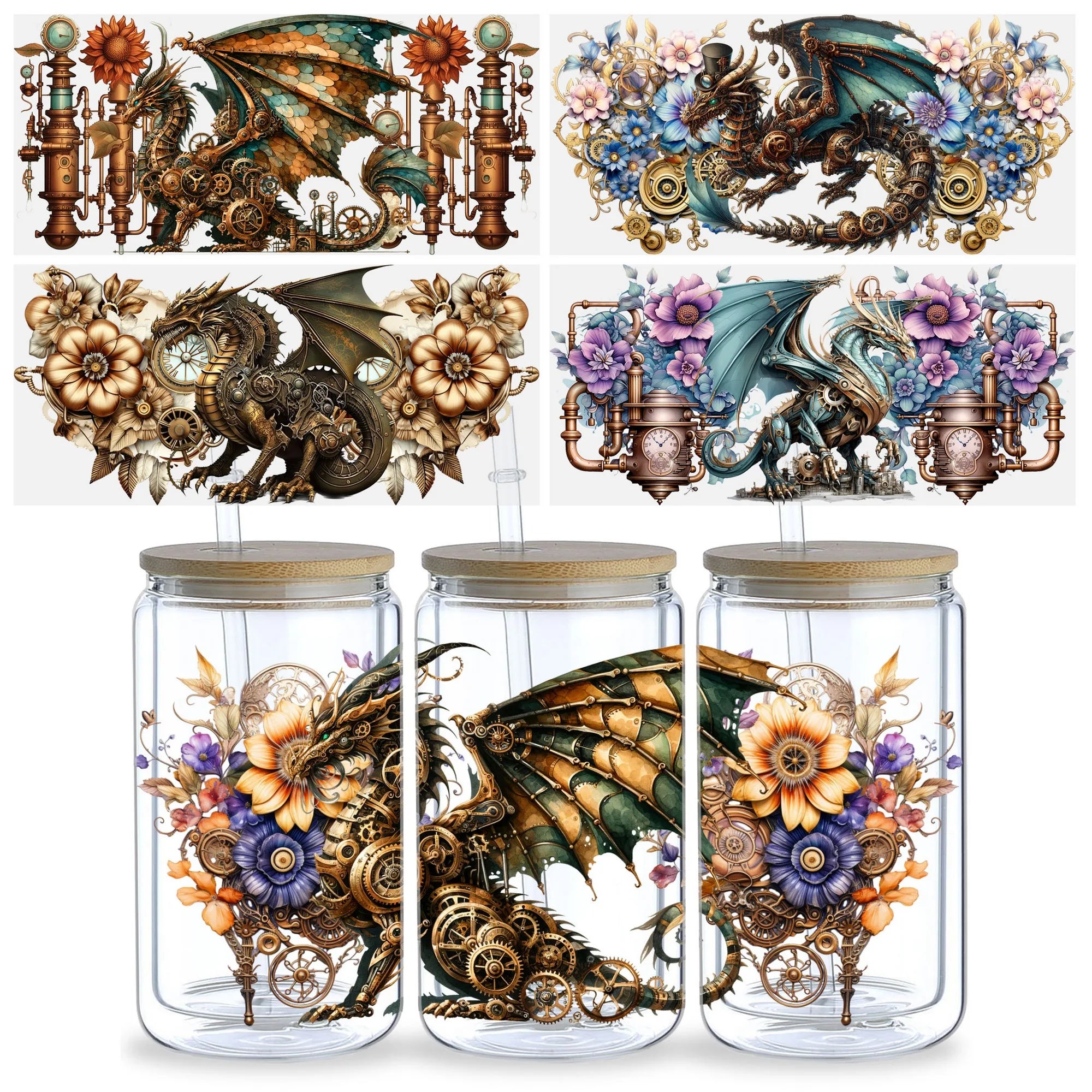 5 sheets Steampunk UV DTF cup stickers, DTF friction transfer stickers, 16oz glass cup waterproof cartoon transfer stickers