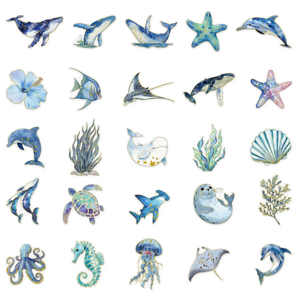 50-Pack Gold Foil Ocean Animal Doodle Stickers Waterproof Decor Decals for Students Stationery Phone Case Scrapbooking Sticker