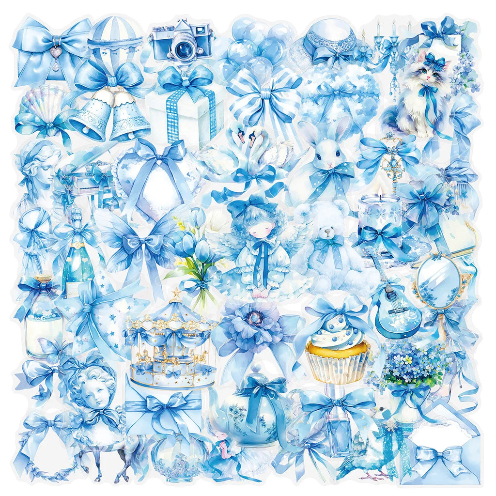 50PCS Transparent PET Blue Dreamy Bow Stickers Waterproof Stickers Stationery DIY Decor Plastic Stickers