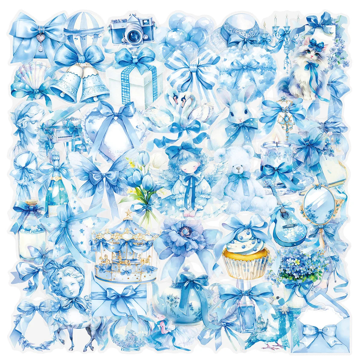 50PCS Transparent PET Blue Dreamy Bow Stickers Waterproof Stickers Stationery DIY Decor Plastic Stickers